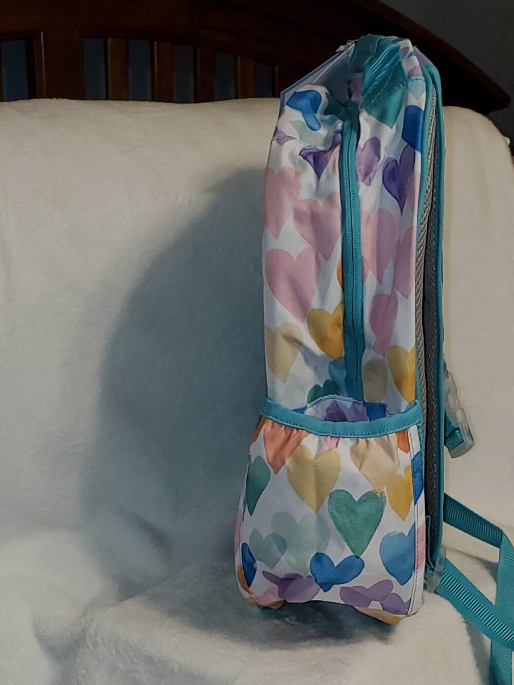 POTTERY BARN KIDS AQUA RAINBOW HEARTS LARGE MACKENZIE Backpack NWT! HTF! - Picture 6 of 12